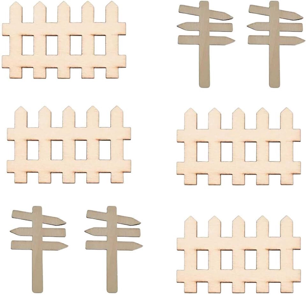Miniatuur tuinaccessoires houten set – 4 stuks mini tuinbordjes 7x4,6 cm + 4 stuks mini houten hekjes 4,9x3,1 cm – decoratie voor mini tuin, poppenhuis en sprookjestuin – natuurlijk hout – D