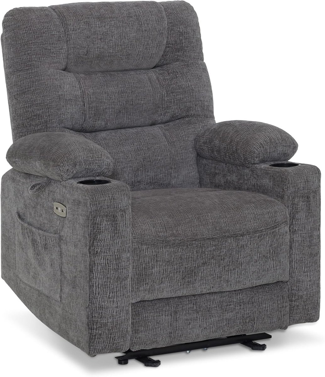 MCombo Ontspanningsstoel met ligfunctie, tv-stoel elektrisch verstelbaar, tv-fauteuil, fauteuil, chenille-stof, USB- en bekerhouder, woonkamer, 7033 (Grijs)