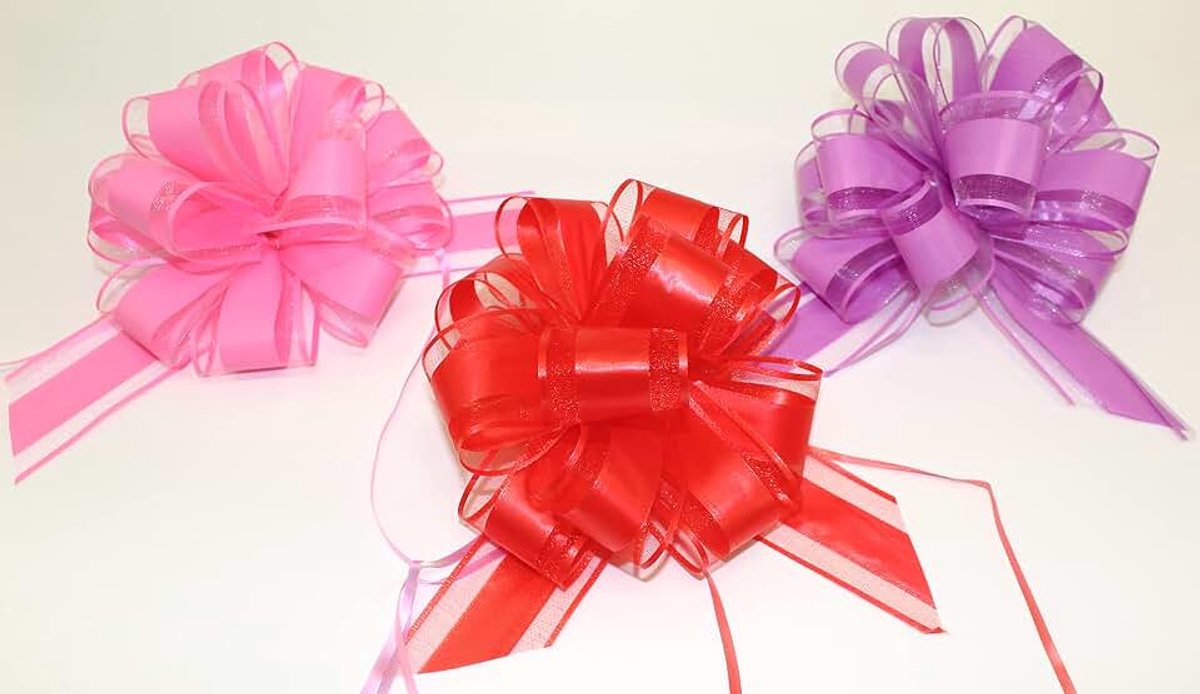3 x grote treklus 18 cm L pull boog trekkoord polyband decoratieve strik geschenkstrik (roze-rood-paars)