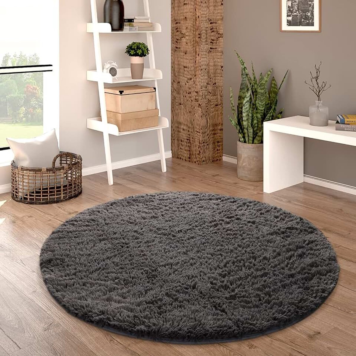 Home Hoogpolig Vloerkleed Rond Woonkamer Shaggy Modern Langpolig Imitatiebont Pluizig Effen, Maat:Ø 120 cm rondje, Kleur:Antraciet