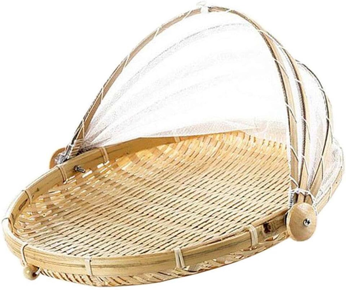 Opvouwbare voedseldeksel,Bamboe Tent mand Hand geweven lade Anti Bug Food Fruit Container Netto Mesh Cover Ronde M