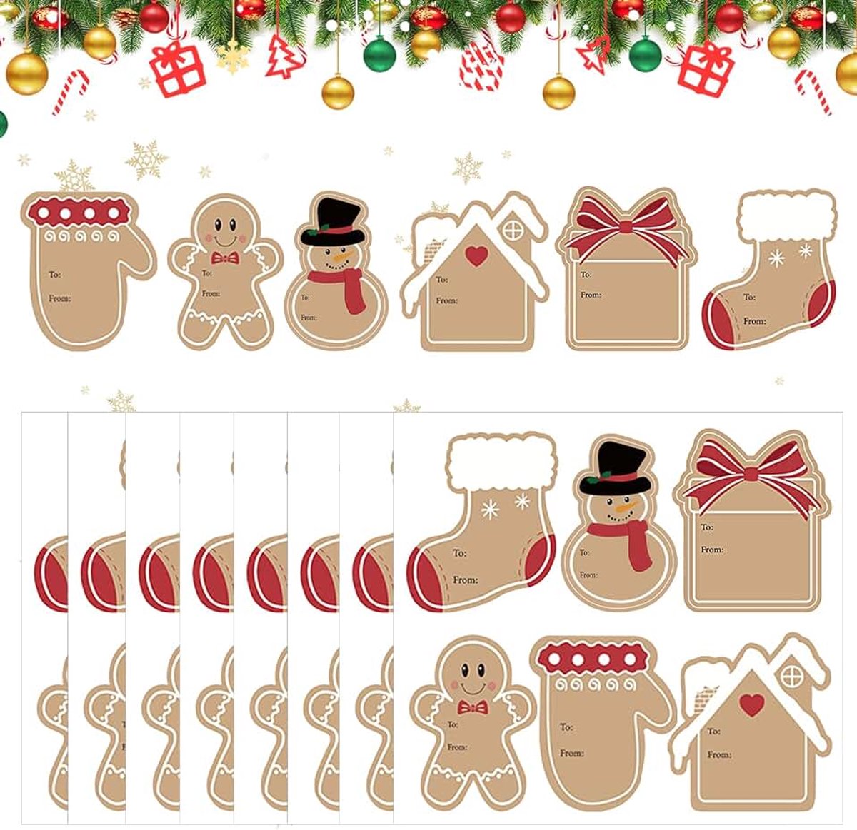 72 stuks kerstetiketten, kraftpapier kerststickers, zelfklevende cadeauetiketten in 6 stijlen, stickers voor kerstcadeaus, voor kerstdecoratie