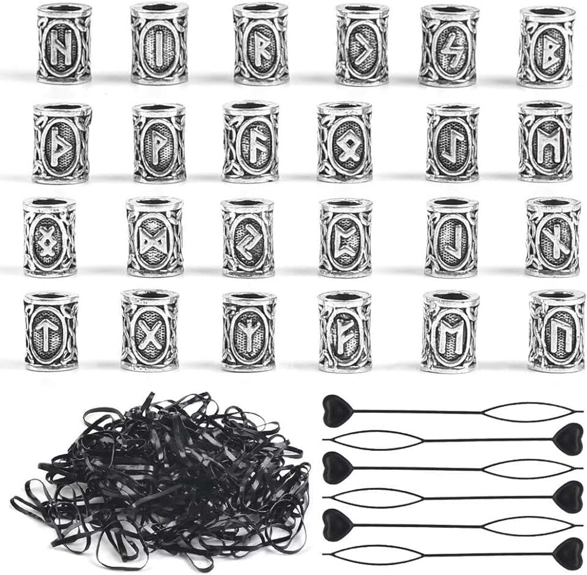 24 stuks haarbaardkralen, runenparels, gevlochten kralen, Scandinavische Vikingparels, snelle haarspeld en zwarte rubberen banden voor armbanden, halskettingen, hangers