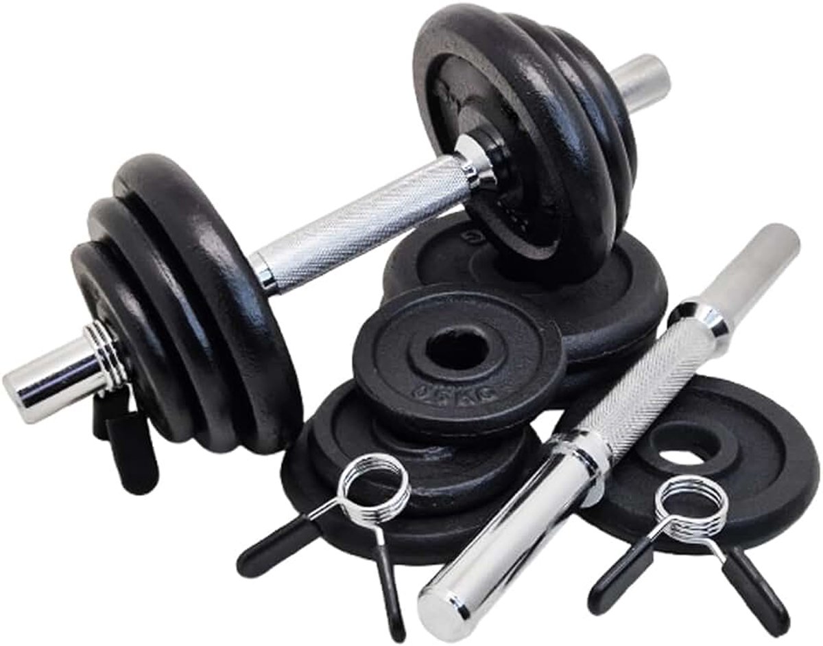 Halterset + halterschijven van gietijzer, diameter 25 mm, 10,20 en 30 kg, verstelbare gewichten met schroef- en veersluitingen, set voor training thuis en in de sportschool, fitness en