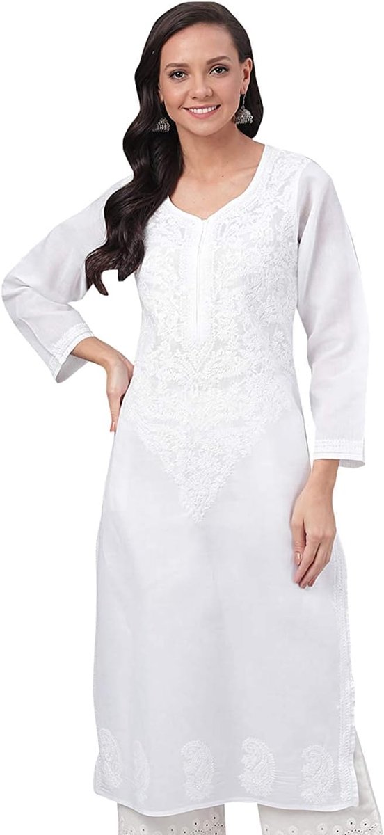 Women's Hand Embroidered Traditional Indian Chikankari Pure Cotton Kurta/Kurti A227625