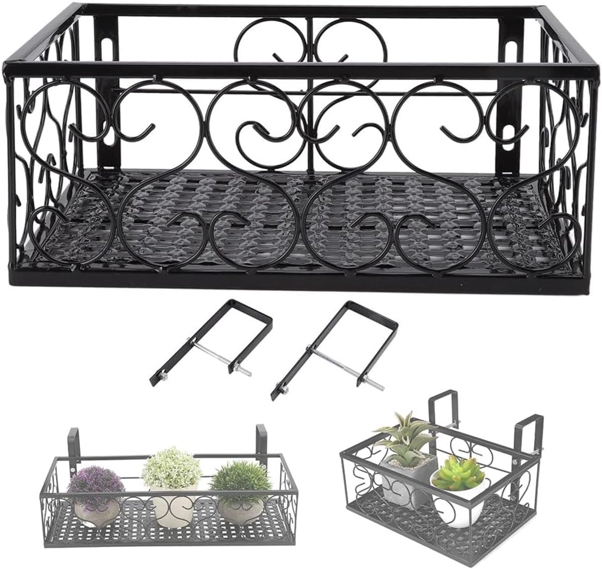 Hangende bloemenrekmand, zwart metalen raambloemstandaard Decoratieve relingplank, sappige bloempothouder voor balkonterrastuin(For 6.5cm railing)