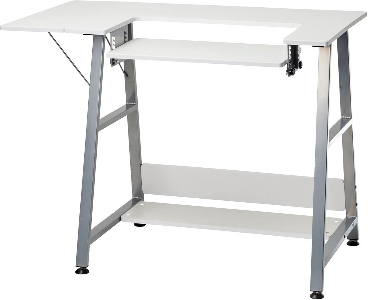 Online Kleine Naaitafel, Wit met Zilveren Poten - Naaimachinetafel met Verstelbaar Platform, Uitschuifblad en Opbergplank. Te gebruiken als quilt/knutseltafel of computerbureau - WC1013