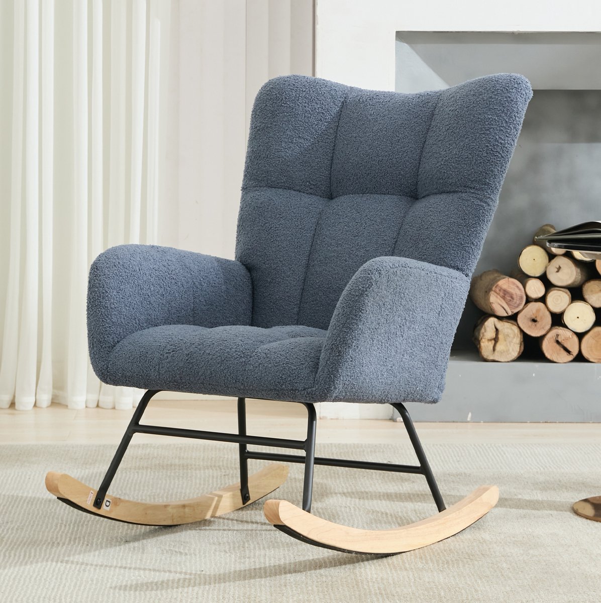 FloraGrace Schommelstoel 65 Bij 77 Bij 90 Cm - Ergonomische Fauteuil Met Armleuningen - Voor Woonkamer Of Kinderkamer - Teddystof - Navy