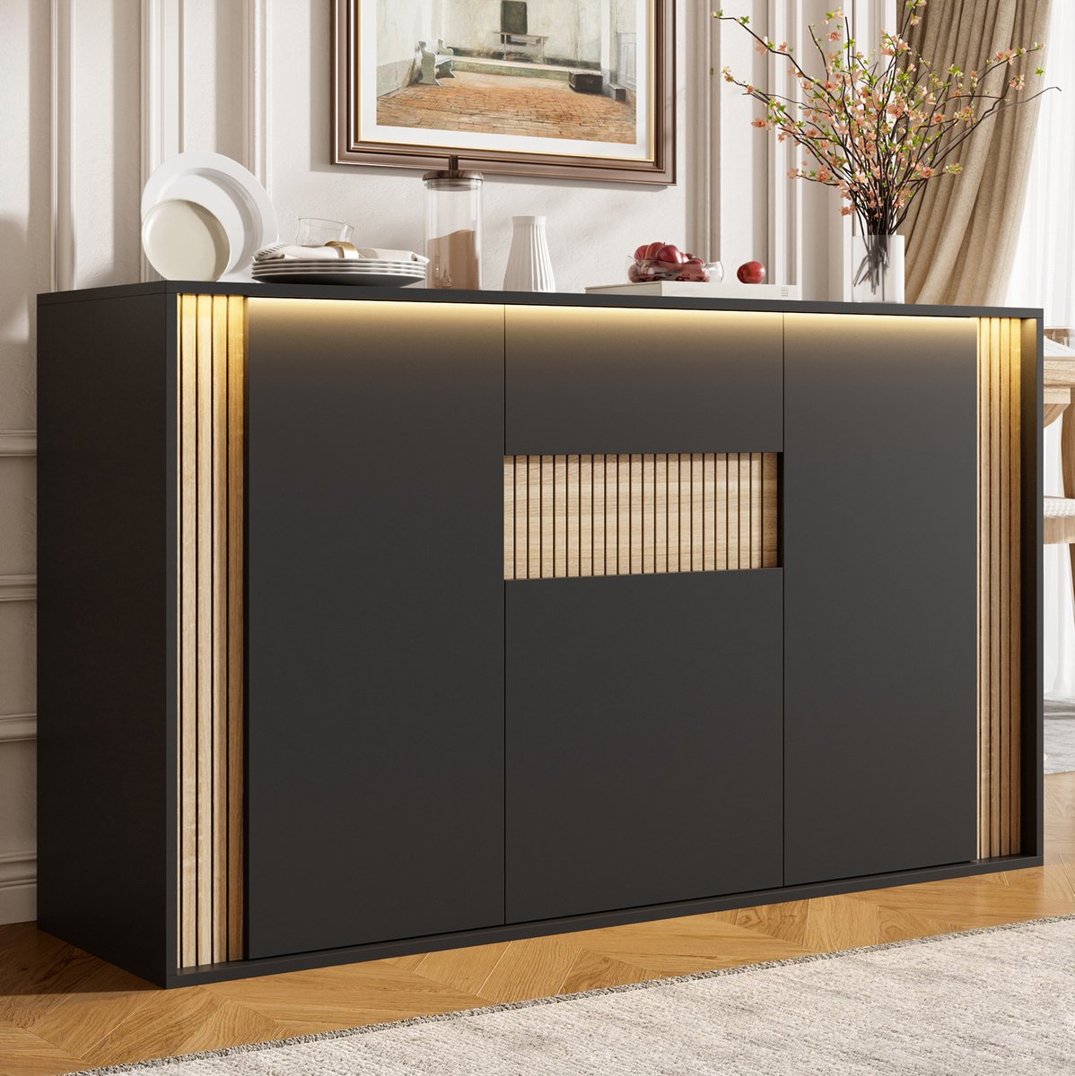 REDOM Dressoir - 3 deuren en 1 lade - Verstelbare verlichting met LED - Design - Woonkamer hal of eetruimte - Spaanplaat - Zwart en naturel - 140 x 40 x 82 cm