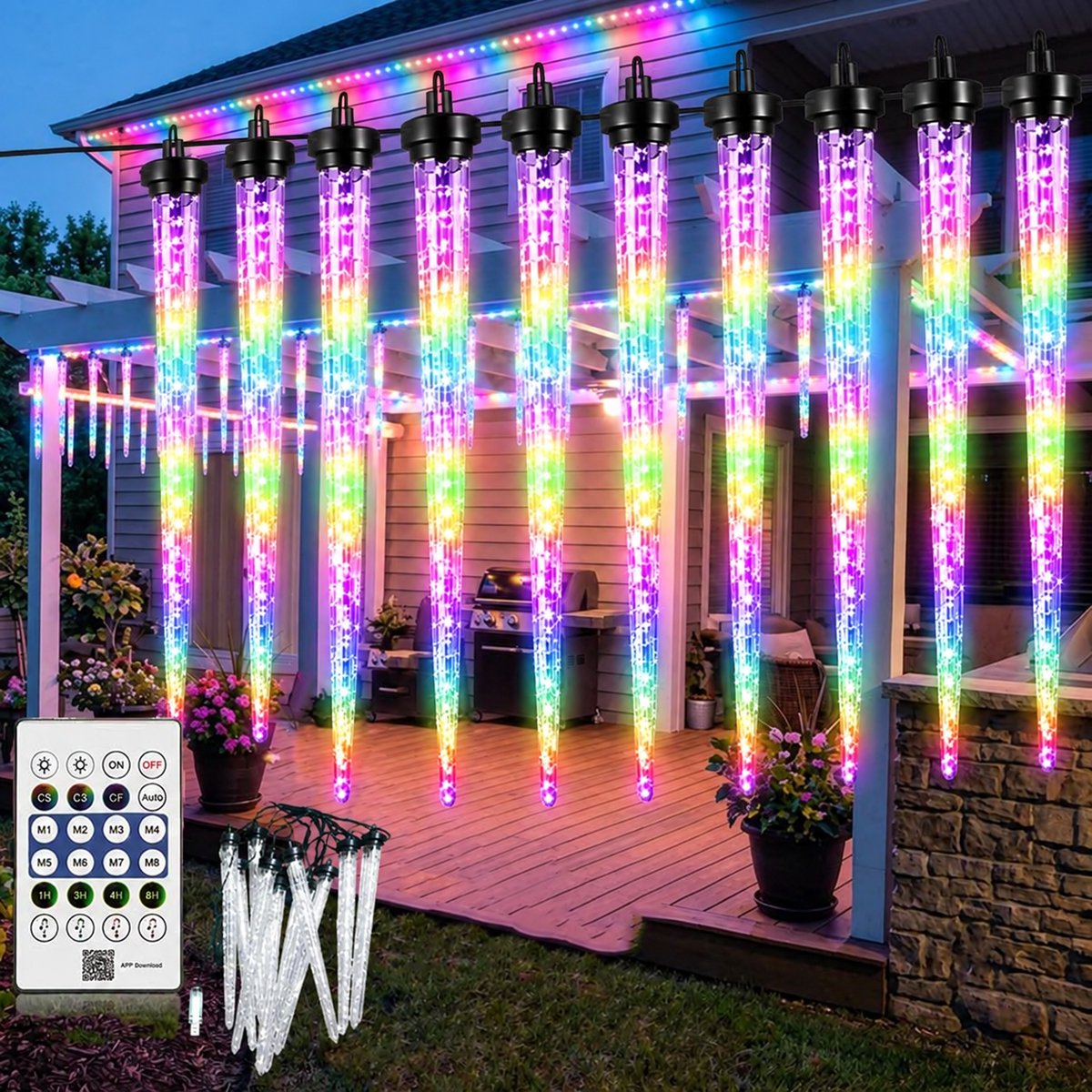 Meedeer Kerstverlichting-Meteorenregenverlichting-10 buizen-3M-ijspegels-Kleurrijke verlichting-8 knippermodi-USB-IP65 Waterdicht-Met afstandsbediening-Voor feest-Kerstdecoratie
