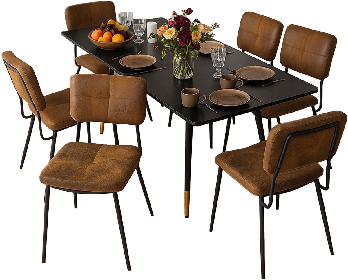 Eetkamerset - Uitschuifbare Eettafel En 6 Stoelen Zonder Arm - Bruin