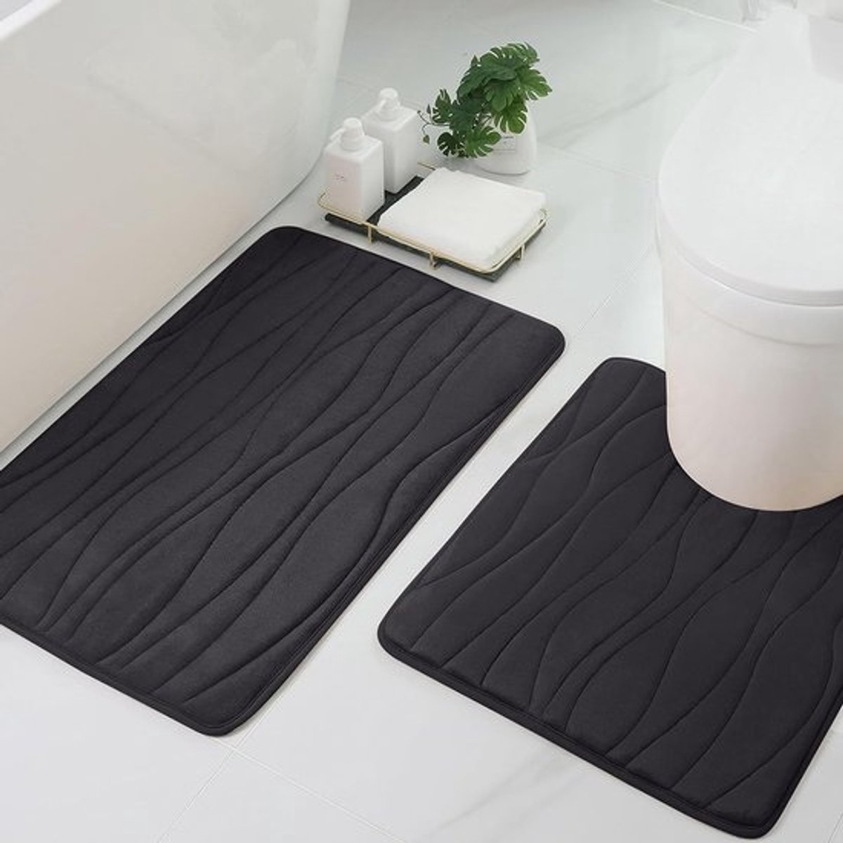 Set van 2 badmatten - absorberend - antislip - zwart - traagschuim