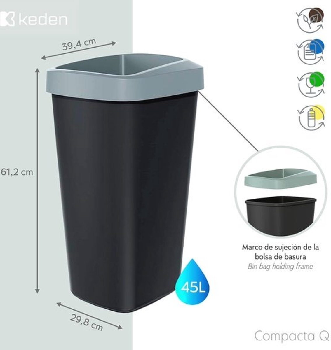 45 liter recyclingemmer kunststof met praktisch open deksel - grijs