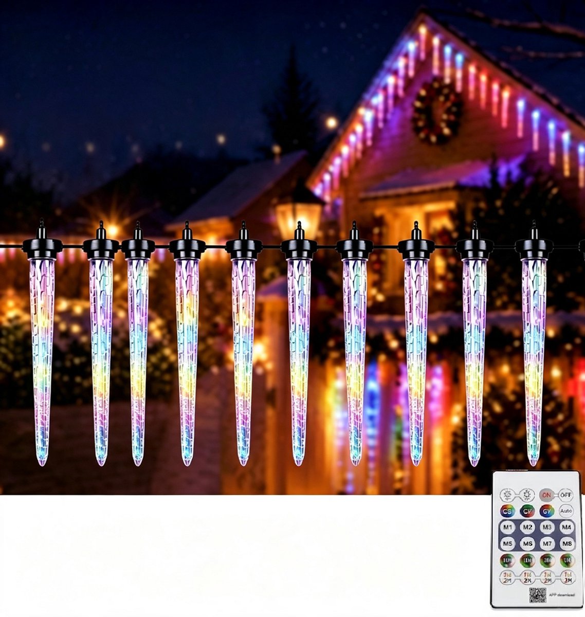 Kerstverlichting - LED IJspegelverlichting 3 meter- Lichtgordijn - 10 IJspegels met 8 Lichtmodi - Kerstlichtketting-Multicolour Licht -Kan in serie worden geschakeld- voor binnen & buiten