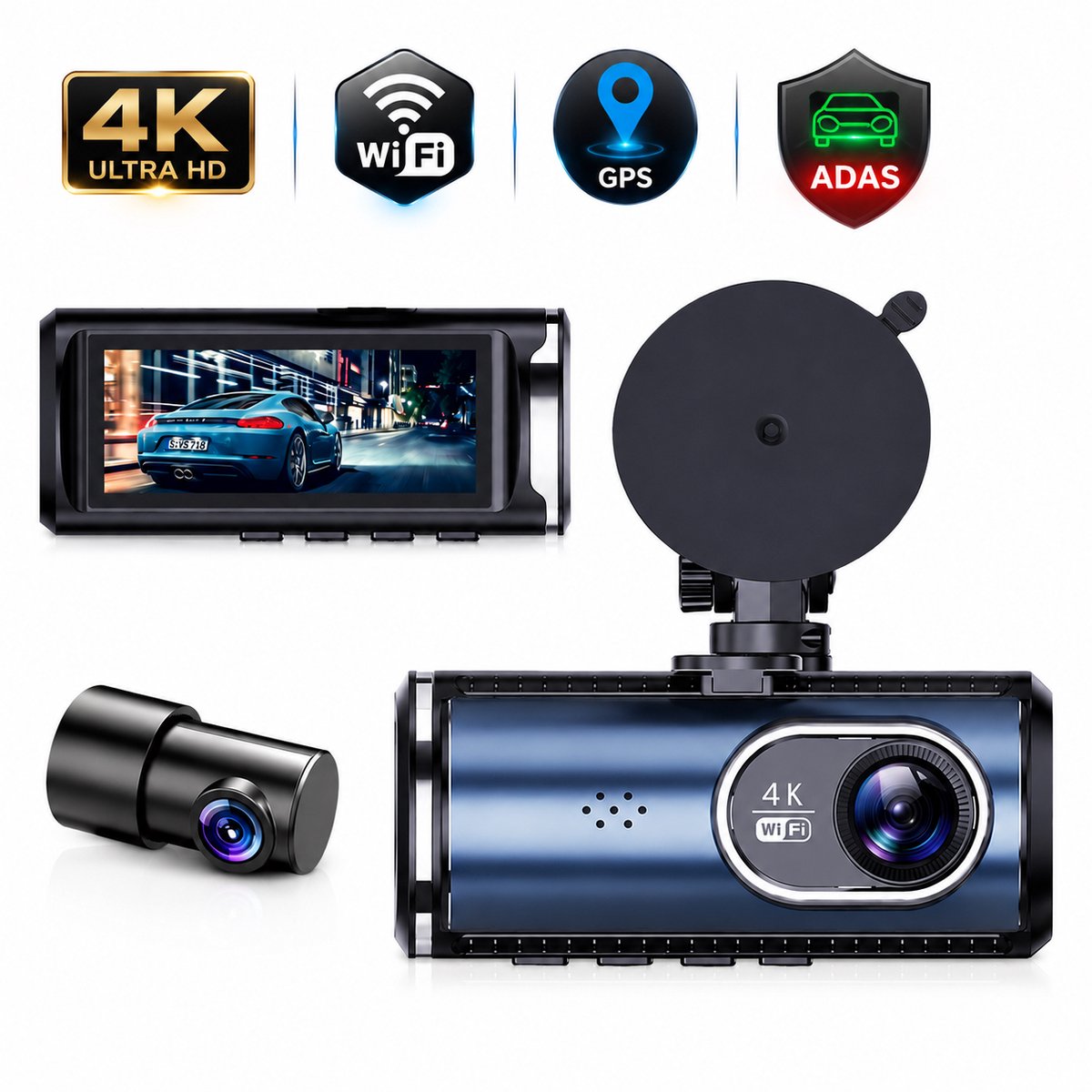 Hayris Dashcam voor en Achter - 4K Dual Lens - Nachtzien - ADAS - WiFi - GPS - G-Sensor - IPS Scherm