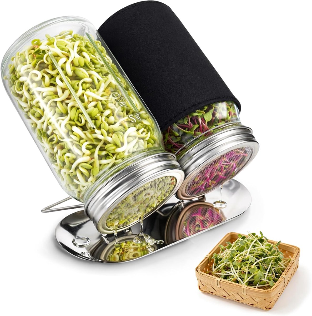 YAGXIG Tweedelige kiempotset - Roestvrijstalen kiemdeksel met standaard - Kiemset - Kiemdeksel en standaard met filter - Inclusief lichtwerende afdekking - Geschikt voor het kiemen van zaden zoals broccolispruiten, bonenspruiten en alfalfaspruiten.