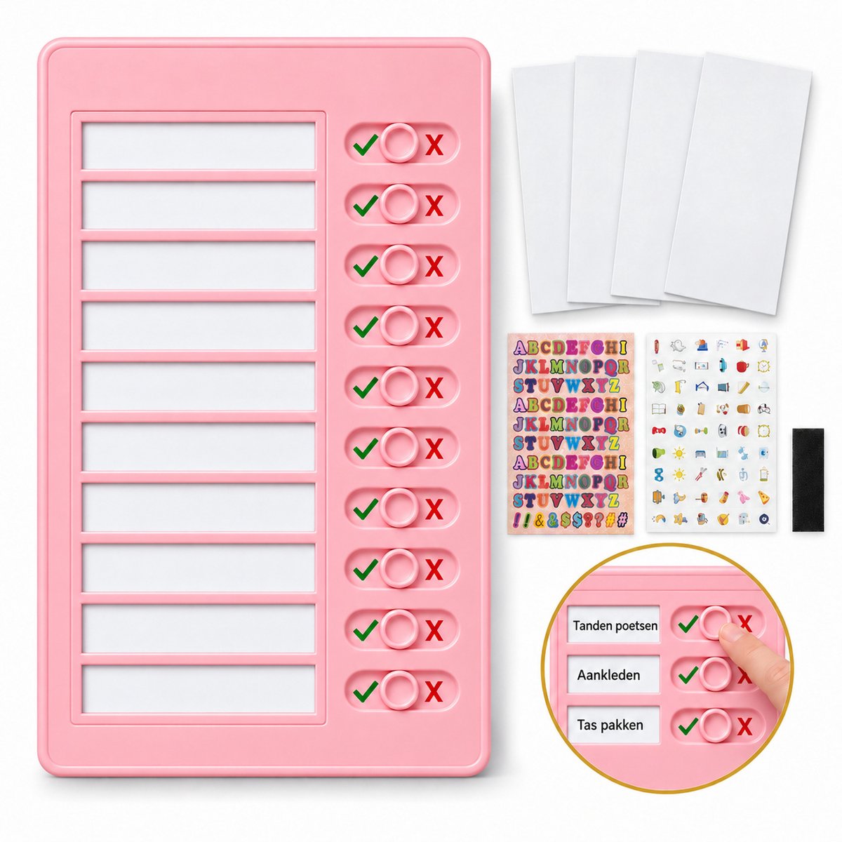 DIVERZA To Do Planner – Herbruikbaar Takenbord met 10 Schuifjes – Incl. 4 Blanco Kaarten & Stickers – Dagplanner 20x12 cm voor kinderen – Roze