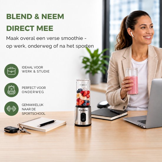 Caryota Mini Blender - Draagbare Blender To Go - Glas - 400ML - Lekvrij - Portable Blender - Smoothie Maker - USB-C - Lichtgewicht - Soepmaker van Caryota — afbeelding 4
