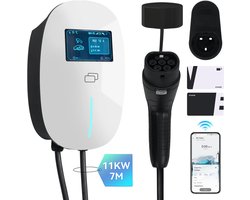 Puluomis - Wallbox EV Charger 11 kW - Smartcharge laadpaal met app - 7 meter kabel - Type 2 - 3-fase - 6–16A instelbaar - Wit