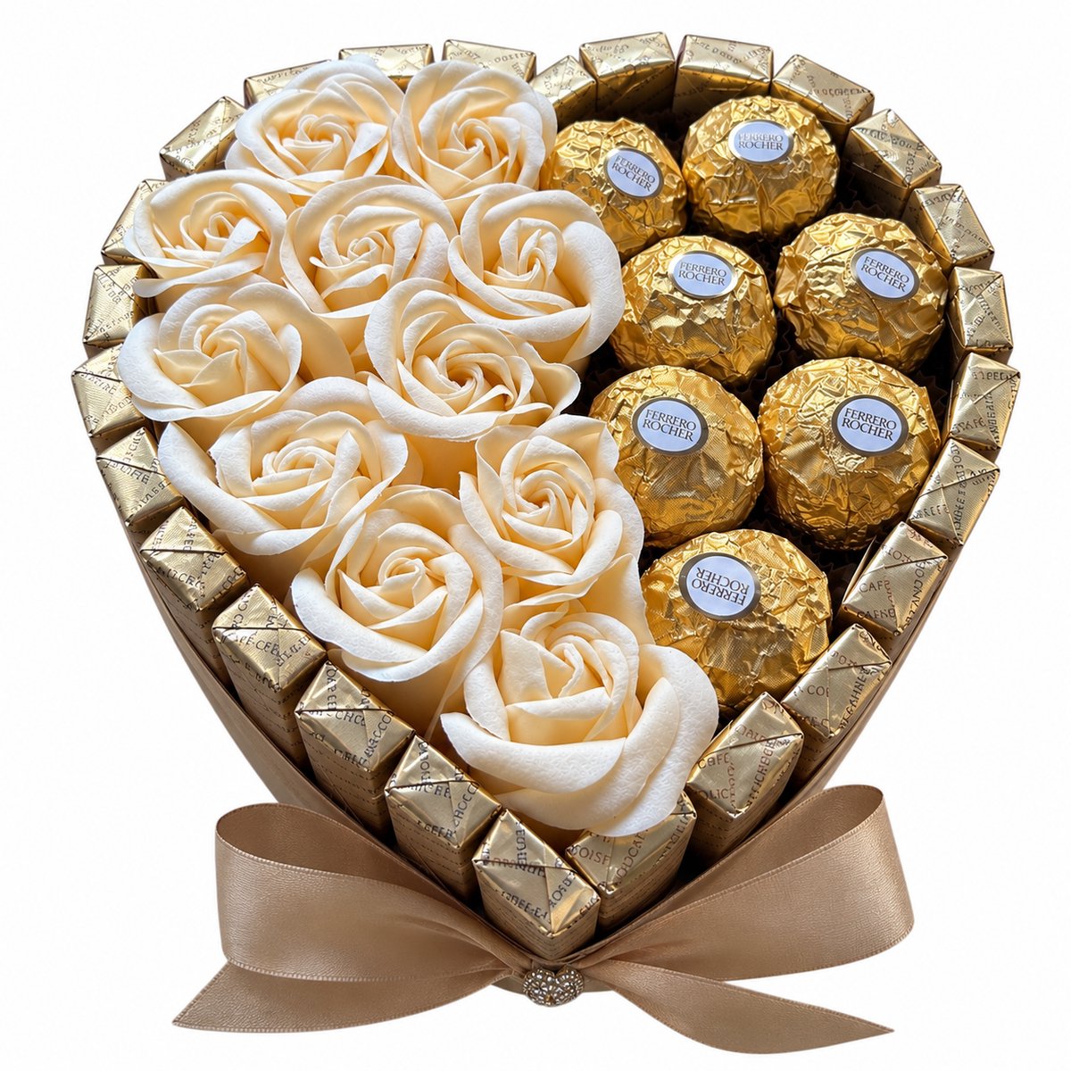Nina’s Giftshop® Chocolade Hart – Ferrero Rocher & Merci – Rode Zeeprozen – Valentijn Cadeau voor Haar
