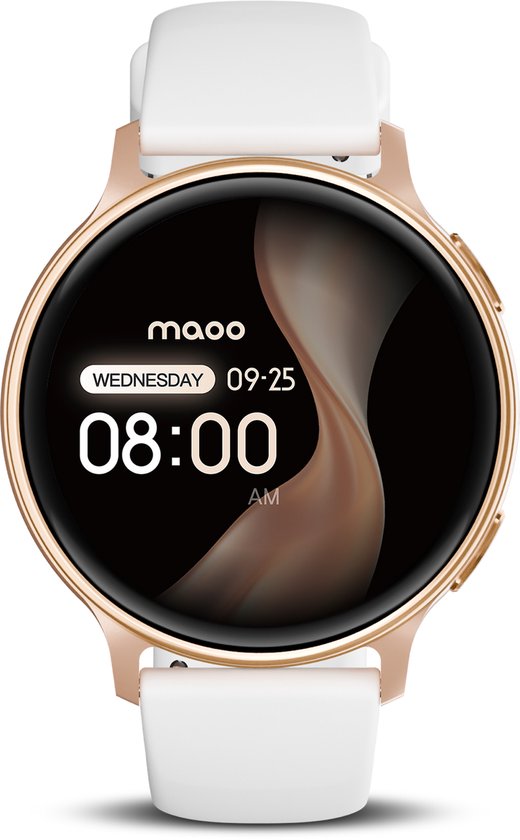 Maoo Ventura 2 smartwatch met rosé gouden rand, wit siliconen bandje en klok met bloemendisplay.