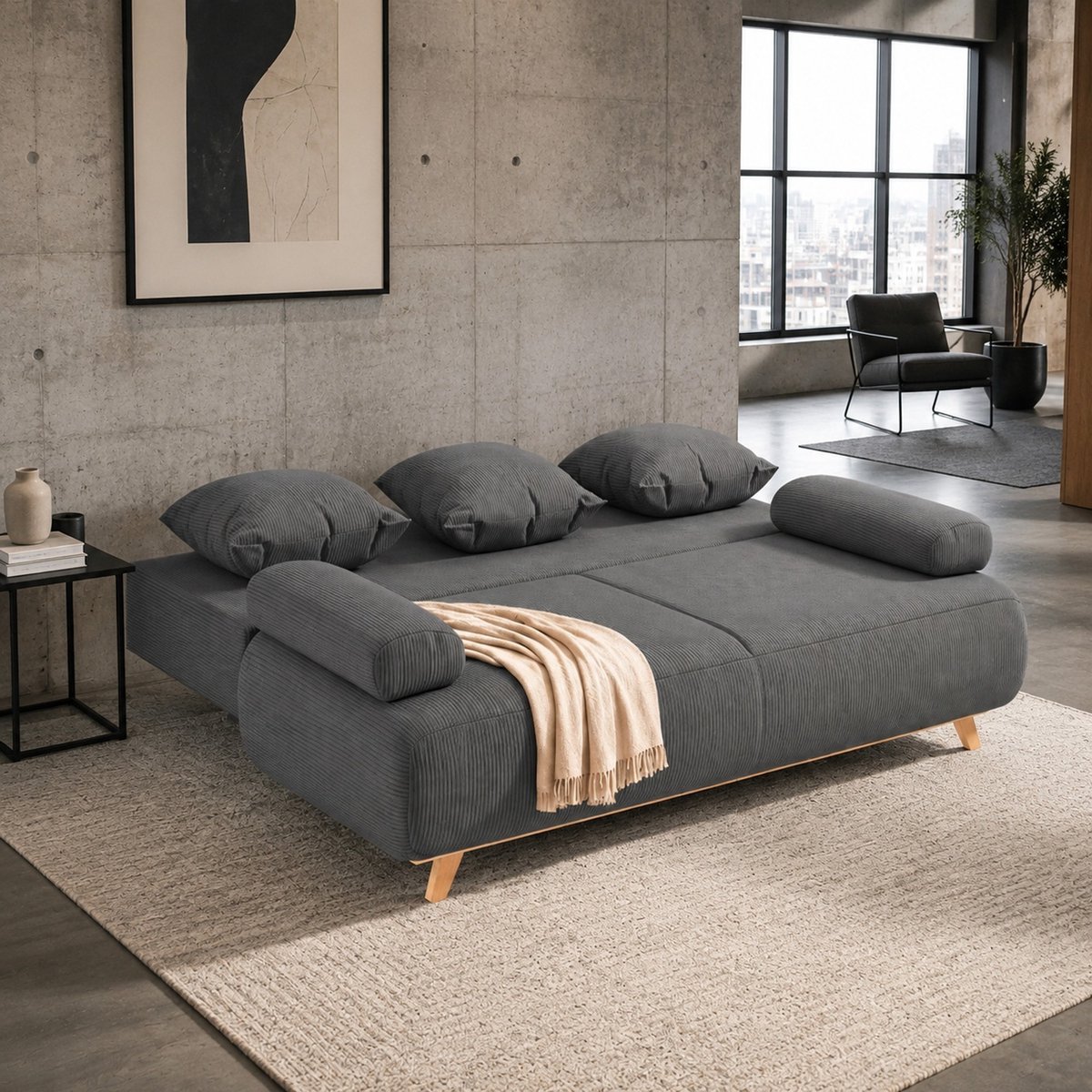 DESMIU Slaapbank 188 x 100 x 84 cm - 3-Zits Met Verstelbare Rugleuning En Bedfunctie - Verborgen Opbergruimte - Gastenbed - Ribfluweel Grijs