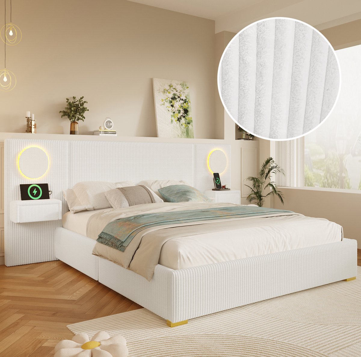 Gestoffeerd Bed – LED-hoofdbord – 180 x 200 cm – Fluweel en MDF – Beige – USB-aansluitingen – Laden