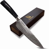 HI NATURE™ Koksmessen - Professioneel Koksmes Japans 20 CM Lemmet - Chef knife Damascus Patroon - Keuken Mes - Vleesmes - Japans Snijmes | Ergonomisch Handvat Koksmessen - japanse messen - Zwart