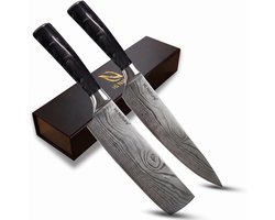HI NATURE™ Koksmessen set 2 | Messensets 2-Delige Koksmes 20 cm & Nakiri Mes 17 cm Lemmet - Koksmes japans - Chef knife Damascus Patroon - Keuken Mes - Japans Snijmes | Ergonomisch Handvat - Japanse messen - Zwart