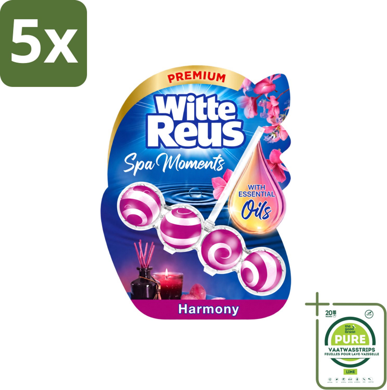 5 x Witte Reus - Wellness Scents Toiletblok - Harmony - 1 Toiletblok - Grootverpakking - Vaatwasstrips - Toiletverfrisser - Wellnessgeur - Ontspanning - Reiniging - Anti-kalk