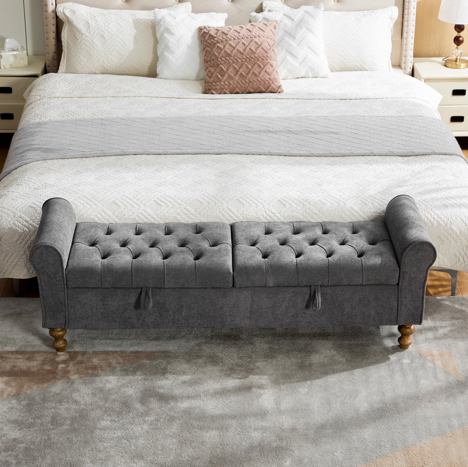 CHICFURN Opbergbank - 2 deksels - Rolarmleuningen - Charcoal Antraciet