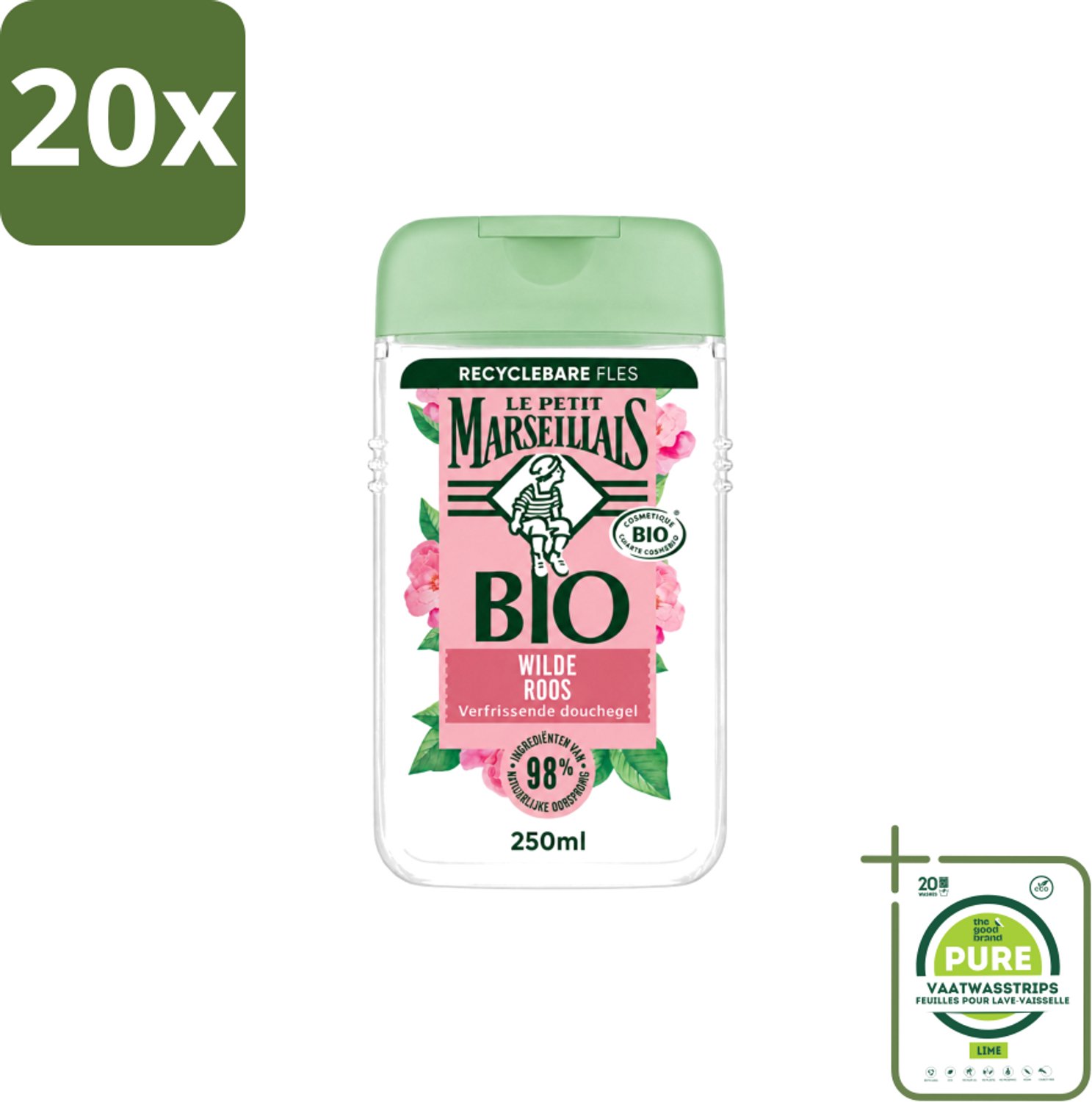 20 x Le Petit Marseillais – Douchegel – Bio Wilde Roos – Verfrissend – 250 ml - Grootverpakking - Vaatwasstrips - Douchegel - Bio Rozenbottel - Frisse Douchegel - Natuurlijke Douchegel - Zachte Reiniging