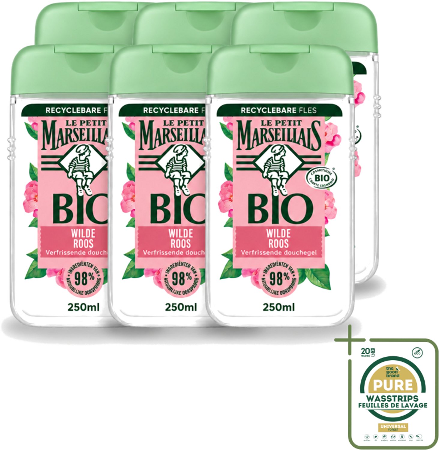 6 x Le Petit Marseillais – Douchegel – Bio Wilde Roos – Verfrissend – 250 ml - Wasstrips - Douchegel - Bio Rozenbottel - Frisse Douchegel - Natuurlijke Douchegel - Bio Douchegel