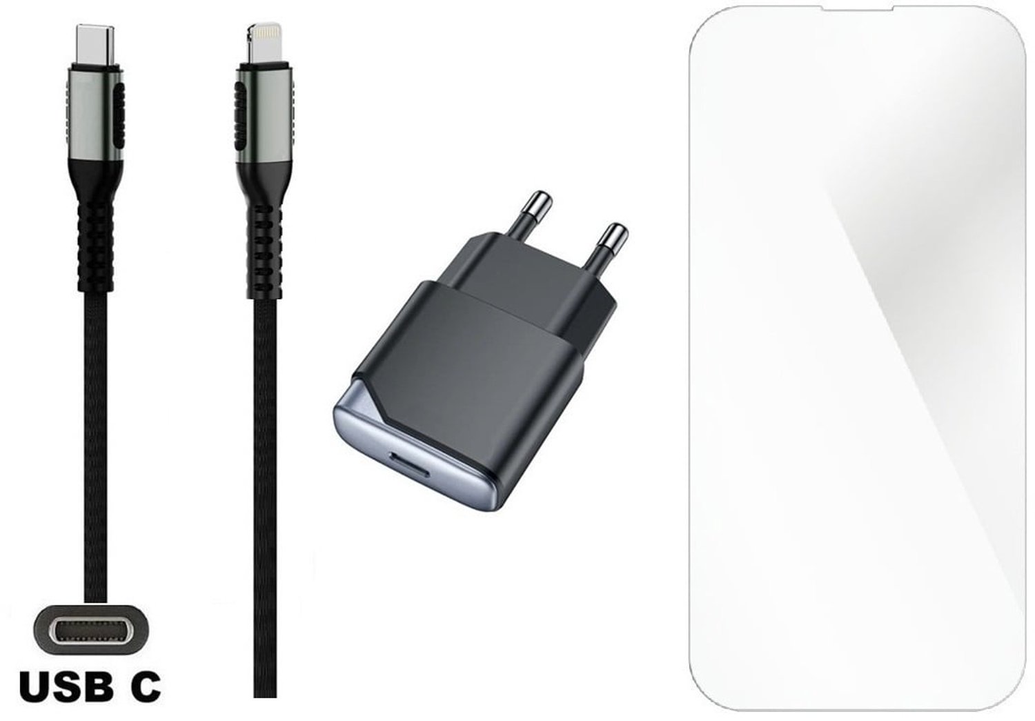 OneOne 25W super snellader en screenprotector van glas voor iPhone 12 Pro + 3,0m sterke USB C naar Lightning kabel. GaN lader. PD PPS oplader adapter. Glazen screenprotector past op Apple iPhone 12 Pro