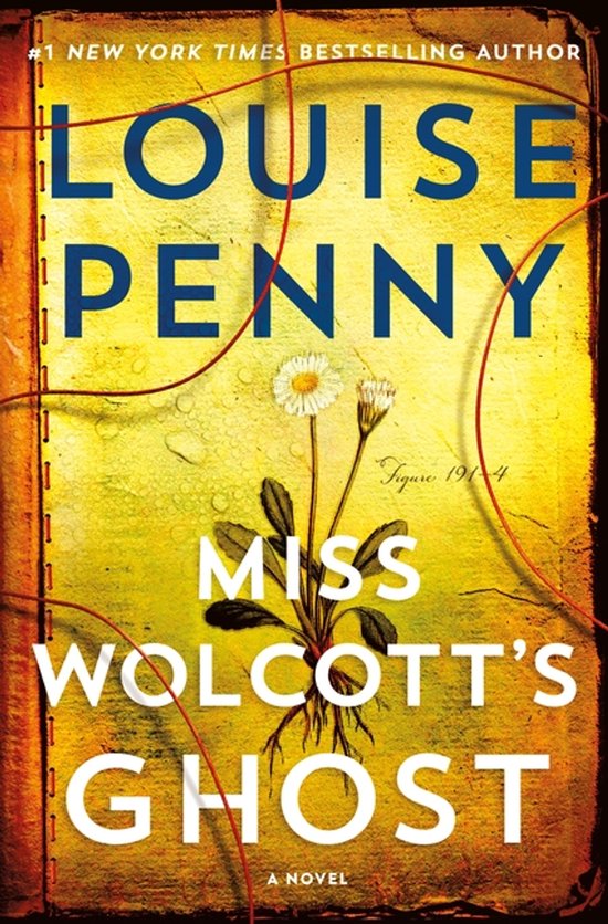Boekomslag met een vergeelde achtergrond, een madeliefje in het midden en rode lijnen, titel Miss Wolcott's Ghost.