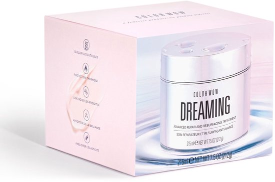 Verpakking van Color Wow Dreaming met roze gradient achtergrond en productvoordelen in het Frans.