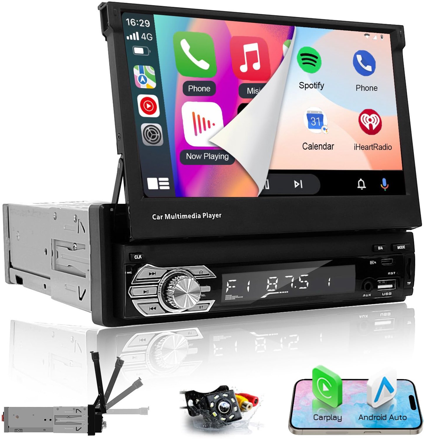 Auto stereo met touchscreen 7 inch - Bluetooth en CarPlay - Uitklapbaar design - Perfect voor muziek en navigatie - m-winkel