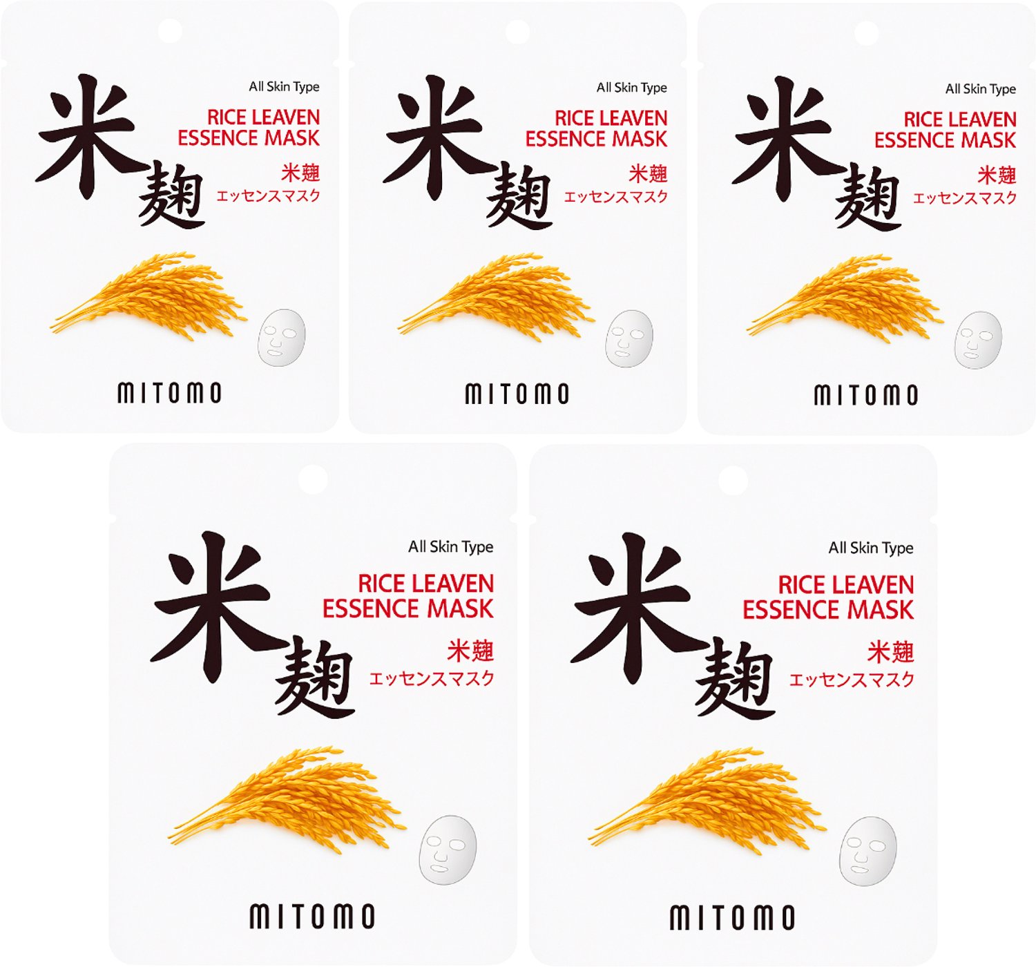 MITOMO Gezichtsmasker Rice Leaven - Verhelderend & Hydraterend Sheet Mask - Gezichtsverzorging - 5 Stuks