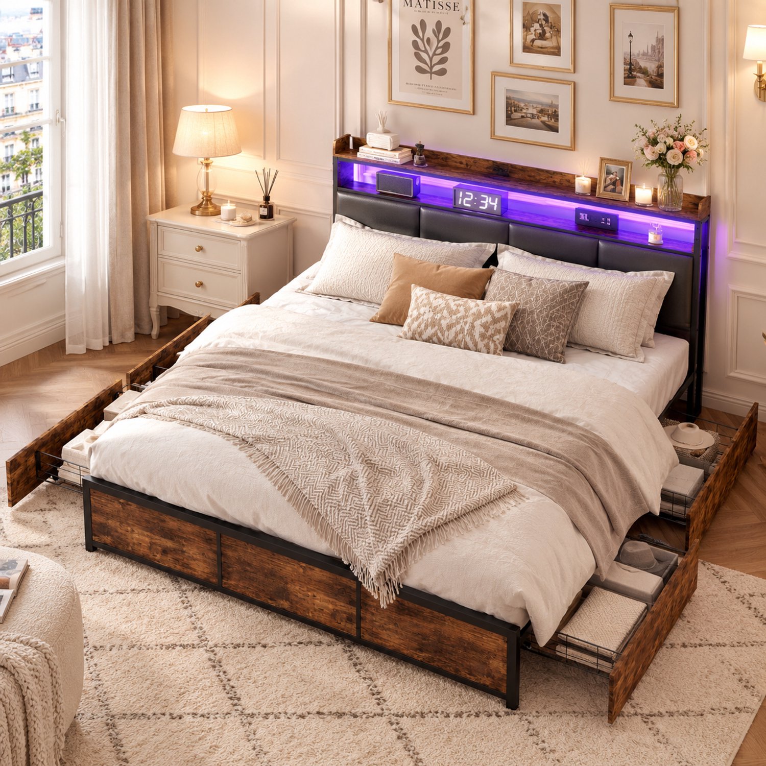 MEXUS Metalen bed 140x200 cm met lattenbodem en opbergruimte, inclusief ledverlichting – opbergbed met hoofdeinde en 4 lades, voor volwassenen en tieners, Zwart