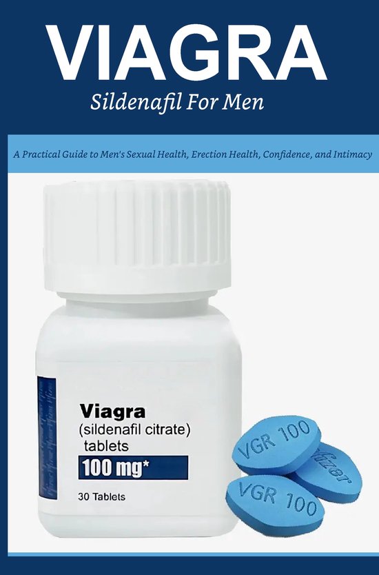 Comprimés Viagra Sildenafil 100 mg dans un flacon blanc avec des pilules bleues et un guide sur la santé sexuelle.