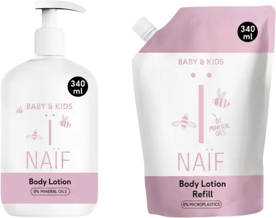 Naïf baby bodylotion in een witte pompfles en roze navulverpakking, beide 340ml met bijenillustraties.