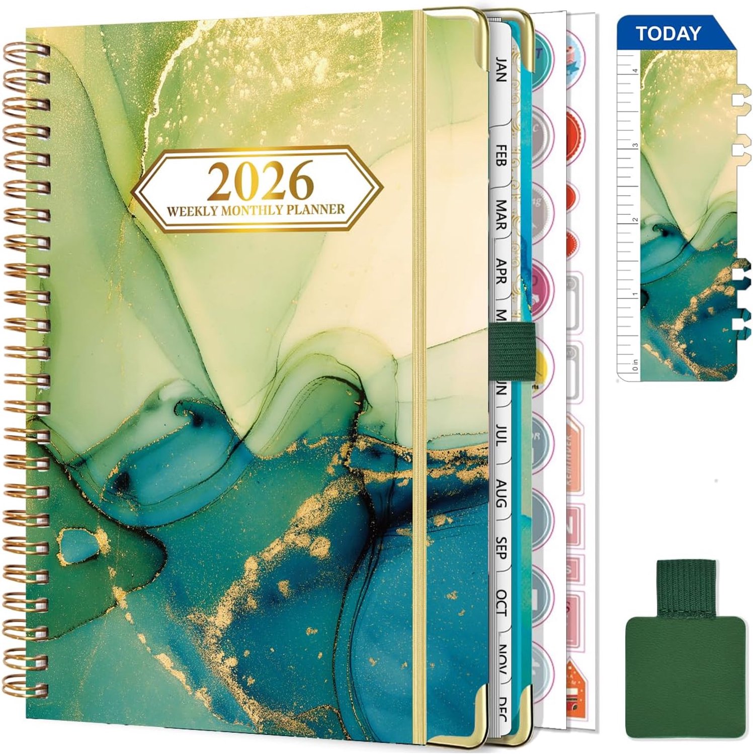 SnelShoppen - Weekkalender 2026 A5 Planner met Spiraalbinding, Schoolagenda met Penlus, Bladwijzer en Planstickers in Groen voor Efficiënt Plannen en