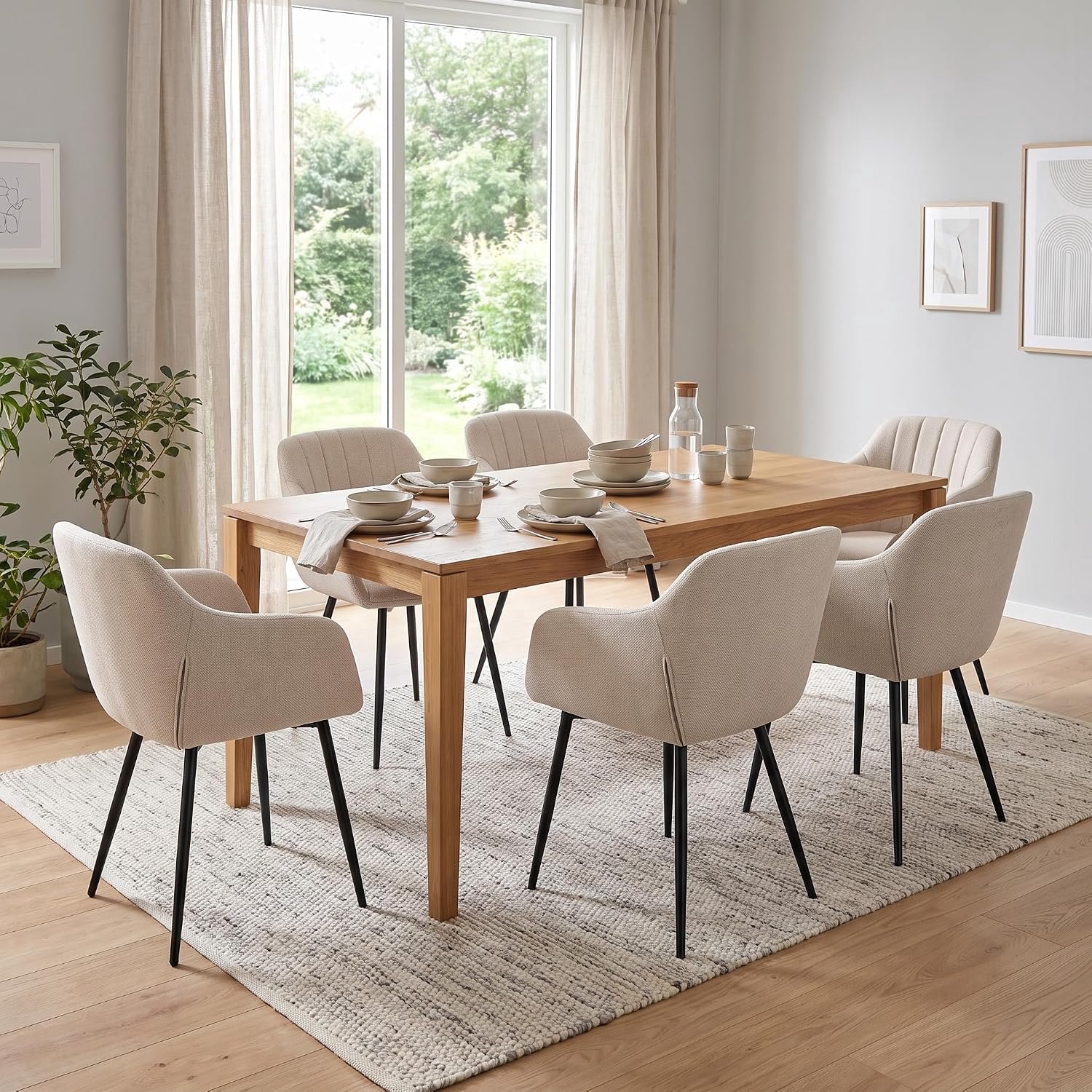 Set van 6 Luxe Beige Eetkamerstoelen met Armleuningen – Gestoffeerde Stoelen met Metalen Poten