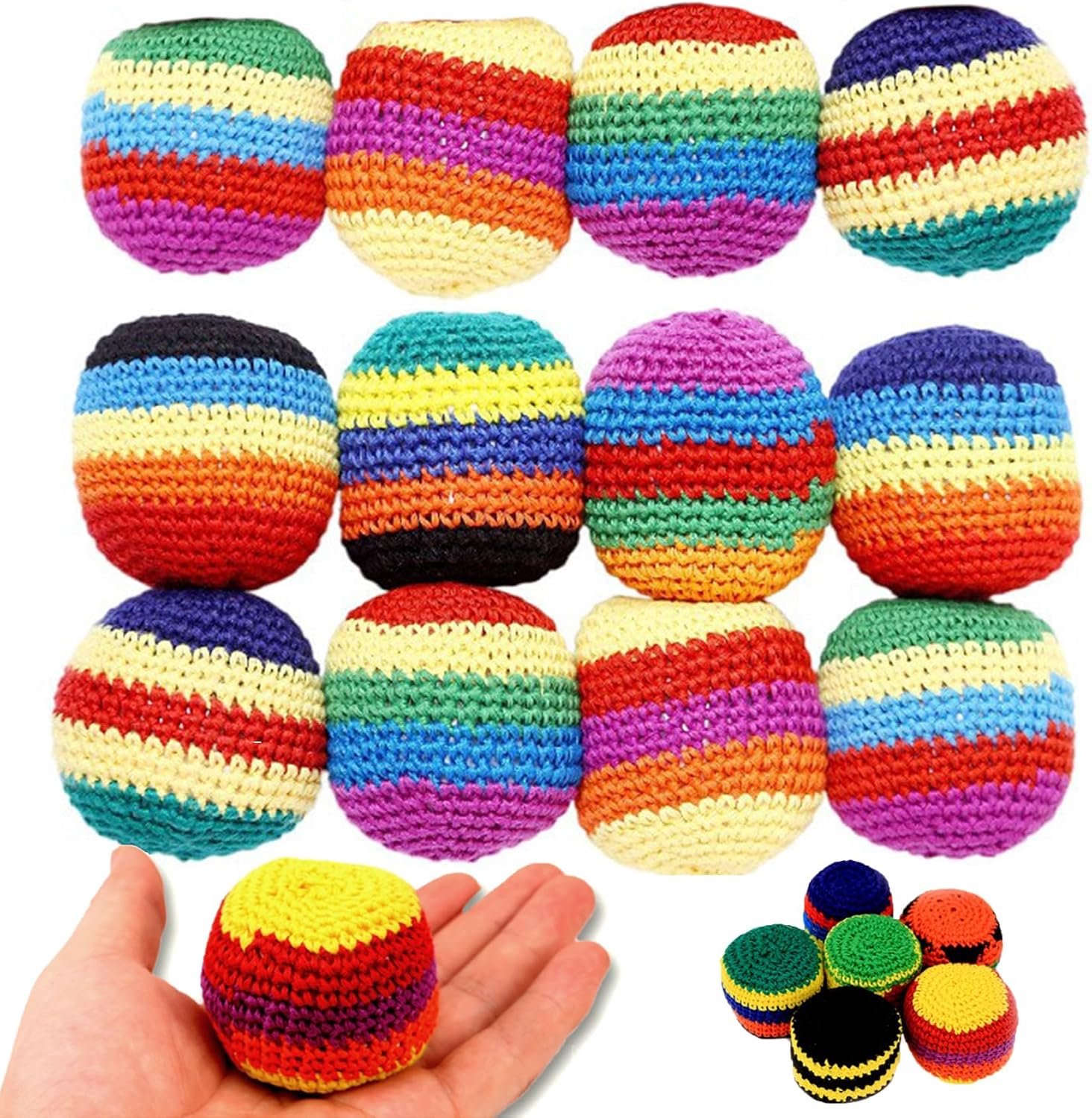 VONKELIOS® 12‑Pack Handgemaakte Gehaakte Voetballetjes Set | 2026 Verbeterde Kleurrijke Trapballen, Jongleerballetjes voor Buitenspeel, Feestspelletjes en Coördinatie Oefening voor Kinderen en Volwassenenx