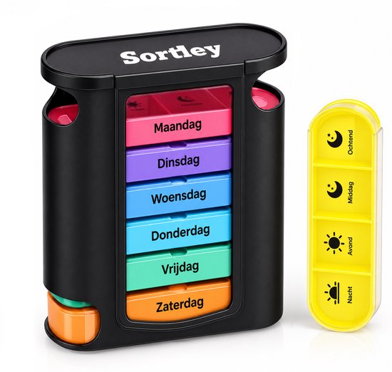 Organisateur de médicaments Sortley noir avec sept compartiments colorés et une cassette journalière jaune à quatre cases.