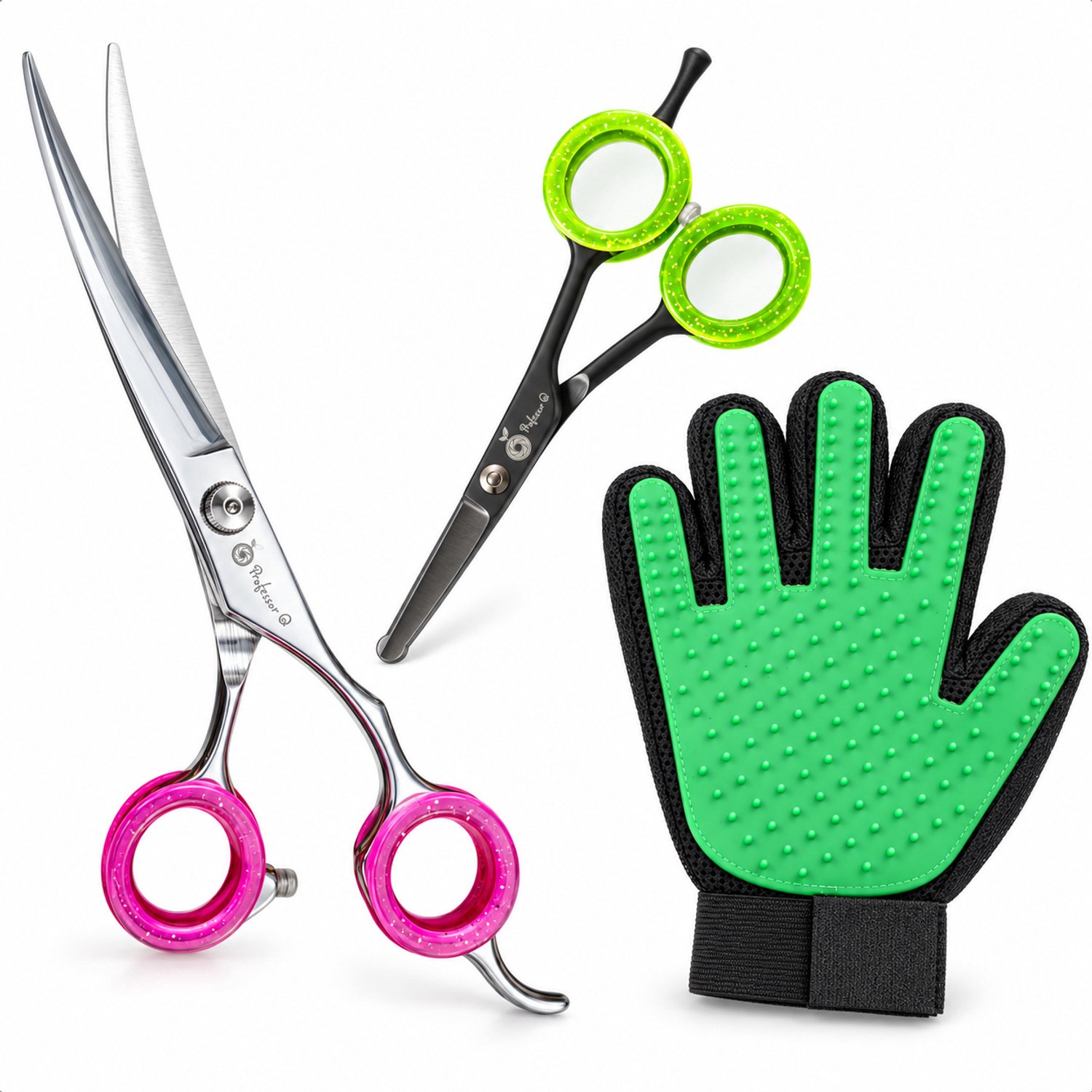 Professor Q Hondentrimset - Omhoog Gebogen Trimschaar 7,5 inch Roze - Potenschaar Zwart/Groen en Vachthandschoen Groen - 3-delig
