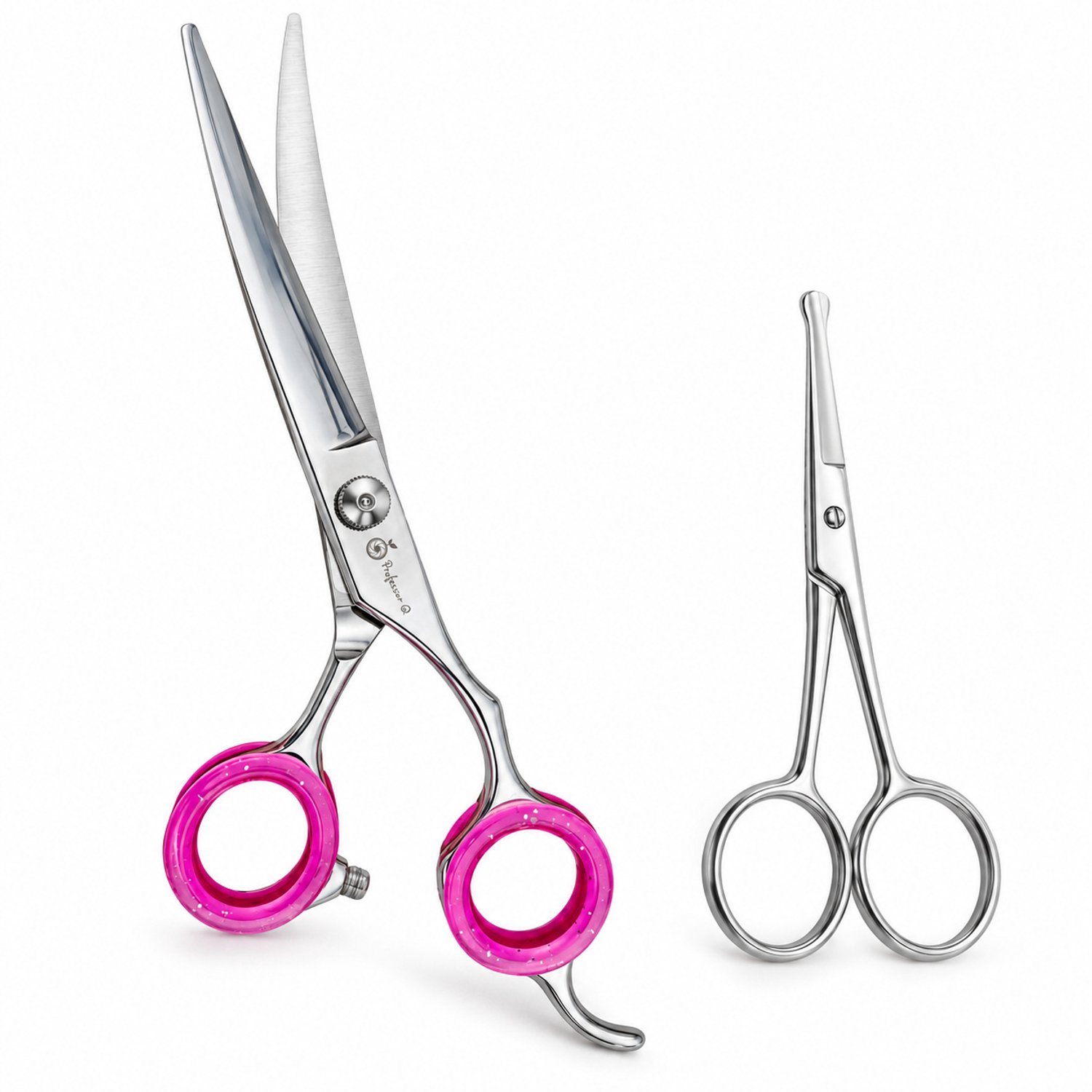 Professor Q Hondentrimset - Omhoog Gebogen Trimschaar 7,5 inch Roze - Potenschaar Zilver - 2-delig