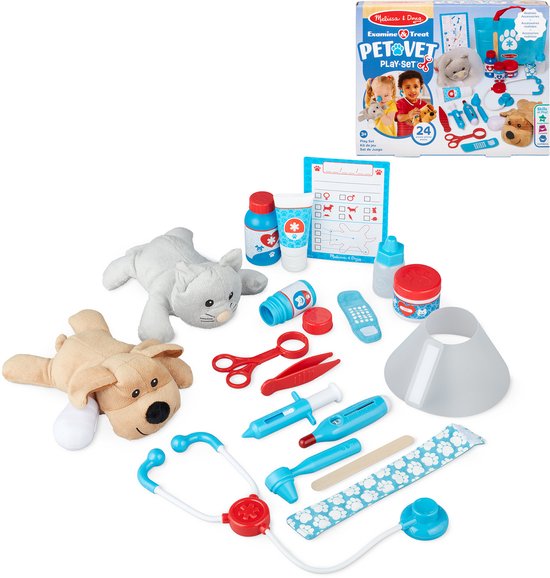 Melissa & Doug dierenarts speelset met pluche hond en kat, stethoscoop, medische instrumenten en 24 accessoires.