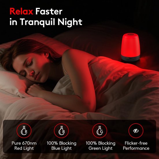 Slaaptherapie met rood licht - Nachtlamp met zuivere smalbandige golflengte van 670 nm – bevordert op natuurlijke wijze de melatonineproductie voor een betere nachtrust bij volwassenen – draadloos en compact - ideaal voor op reis en bij jetlag — afbeelding 3