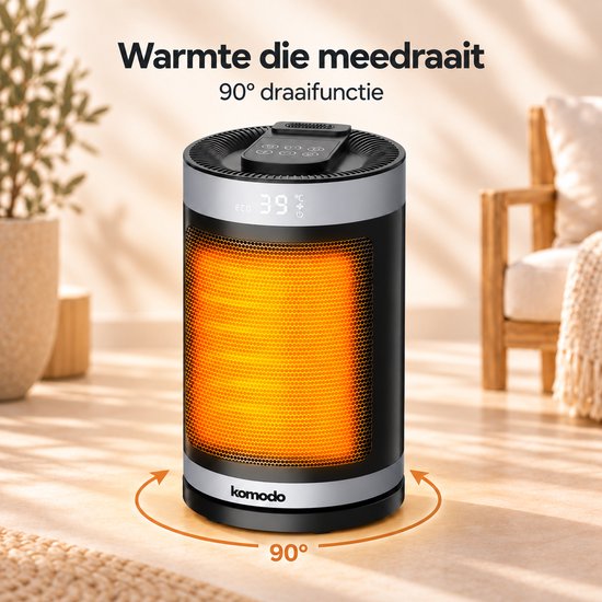 Zwarte keramische Komodo kachel met 90 graden draaifunctie voor gelijkmatige warmteverspreiding.